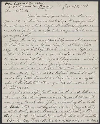 Sacco-Vanzetti Case Records, 1920-1928. Correspondence. Bartolomeo Vanzetti to Leonard Abbott, June 25, 1927. Box 39, Folder 10, Harvard Law School Library, Historical & Special Collections