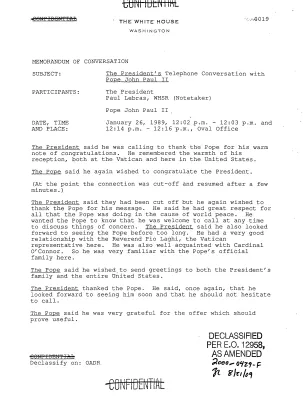 The President's Telephone Conversation with Pope John Paul II, January 26, 1989