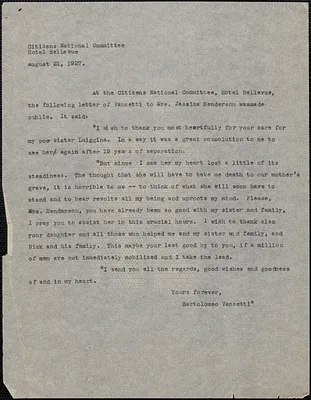 Citizens National Committee for Sacco and Vanzetti press release (copy), [Boston, Mass.], August 21, 1927