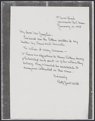 Sacco-Vanzetti Case Records, 1920-1928. Correspondence. Betty Jack Wirth and Louis Joughin, 1978-1979. Box 41, Folder 68, Harvard Law School Library, Historical & Special Collections