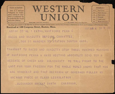 Alexander Mackay Smith telegram to Sacco-Vanzetti Defense Committee, Nanticoke, Pa., August 6, 1927