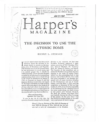 Article, Harper's Magazine, The Decision to Use the Atomic Bomb by Henry Stimson