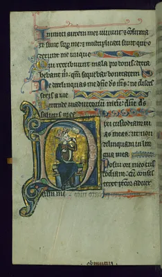 Leaf from Psalter: Psalm 38, Initial D with David Pointing to Mouth before the Face of God