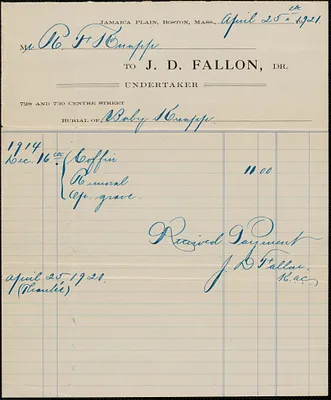 Receipt from J.D. Fallon, Dr., undertaker, for Mr. R. F. Knapp, April 25th, 1921