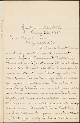 John H. Woods autograph letter signed to Thomas Wentworth Higginson, Jacksonville, Ill., 22 July 1884