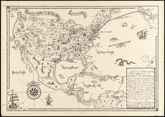 Map in commemoration of the travels of Charles A. Lindbergh