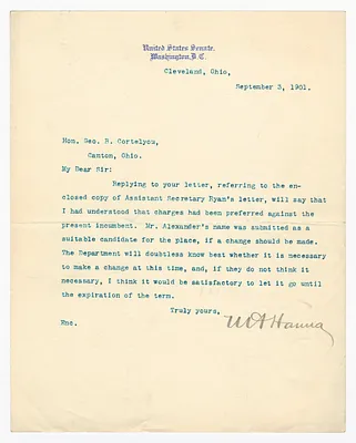 Letter from Marcus Alonzo Hanna to George B. Cortelyou