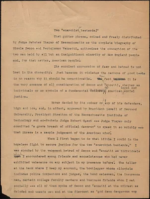 [Gardner Jackson?] typescript, [Boston, Mass.? 1927?]: Two "anarchistic bastards!"