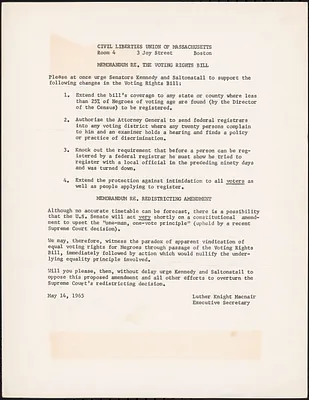 “Memorandum Re. The Voting Rights Bill” from Civil Liberties Union of Massachusetts