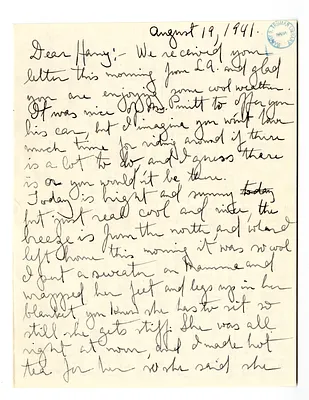 Letter from Mary Jane Truman to Harry S. Truman