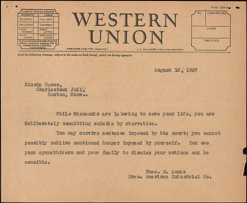 Theo. H. Lunde (American Industrial Company) telegram (copy) to Nicola Sacco, [Chicago, Ill.], August 12, 1927