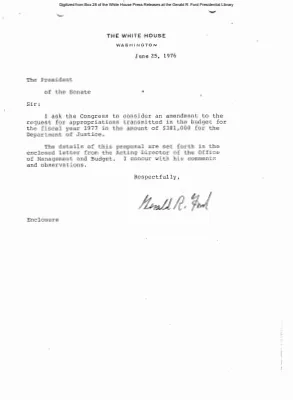 Letter from the President to the President of the Senate on amendment to the request for appropriation in the budget for 1977