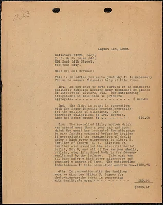 Frank R. Lopez (Sacco-Vanzetti Defense Committee) typed letter (copy) to Salvatore Ninfo (International Ladies' Garment Workers, Local 48), August 1, 1923