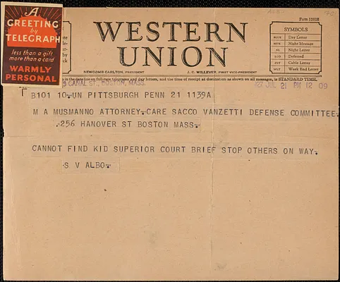 S. V. Albo telegram to M. A. Musmanno, Pittsburgh, Pa., July 21, 1927