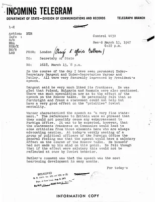 Telegram from Waldemar J. Gallman to Secretary of State George Marshall