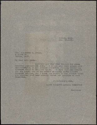 Sacco-Vanzetti Defense Committee typed note (copy) to Elizabeth G[lendower] Evans, Boston, Mass., December 23, 1926