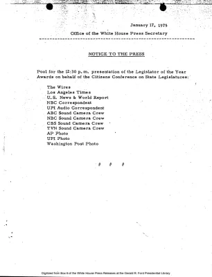 Pool for presentation of the Legislator of the Year Awards [Pool Assignments]