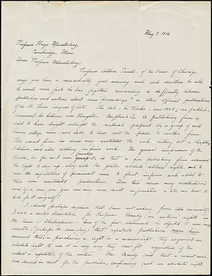 Albright, Evelyn May, 1880-1942 autograph letter signed to Hugo Münsterberg, Chicago, 09 May 1916