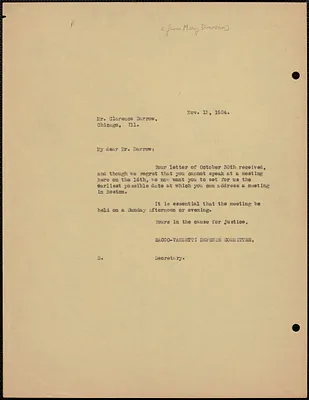 Mary Donovan (Sacco-Vanzetti Defense Committee) typed note to Clarence S. Darrow, Boston, Mass., November 13, 1924