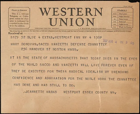 Jeannette Marks telegram to Mary Donovan, Westport, N.Y., August 4, 1927