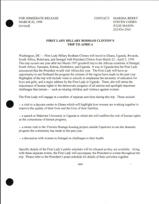 FLOTUS Foreign Trips [Binder]: [w/ POTUS Press Release--Africa March 22- April 2, 1998]