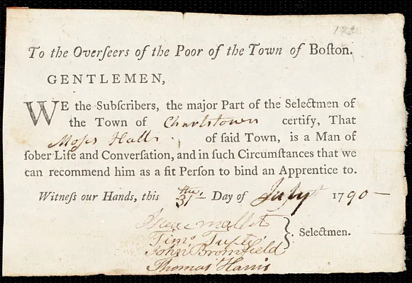 Sarah Gally [Legalley] indentured to apprentice with Moses Hall of Charlestown, August 1790