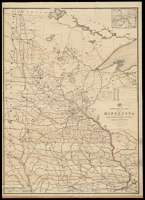 Post route map of the State of Minnesota with adjacent parts of Iowa, Nebraska, Dakota, Wisconsin and of the British possessions, showing post offices with the intermediate distances and mail routes in operation on the 1st of October 1891