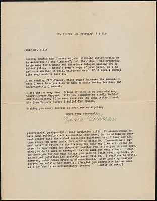 Emma Goldman typed letter signed to [Creighton J.] Hill, St. Tropez, France, February 24, 1929