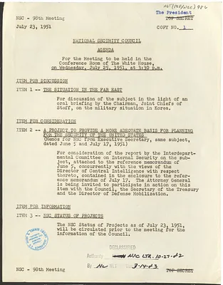 Agenda for the Ninety-Eighth Meeting of the National Security Council