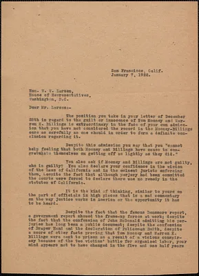 Typed letter (copy) to Hon. W. W. Larsen (House of Representatives), San Francisco, Calif., January 7, 1922