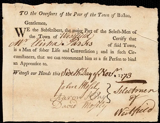 Ann Dumaresque indentured to apprentice with Elisha Parks of Westfield, 12 October 1773