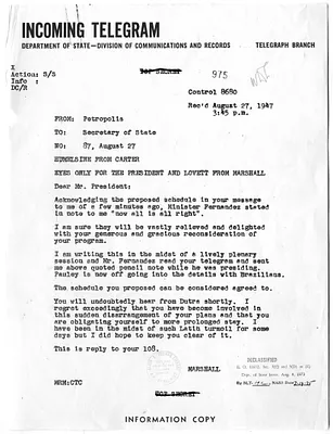 Telegram from Secretary of State George C. Marshall to President Harry S. Truman