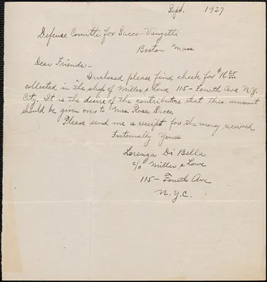 Lorenza Di Bella autograph note signed to Sacco-Vanzetti Defense Committee, New York. N. Y., September 1927