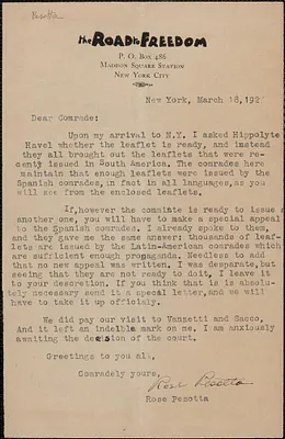 Rose Pesotta (The Road to Freedom) typed letter signed to [Aldino Felicani?], New York, N. Y., March 18, 1927