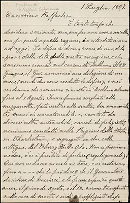 Bartolomeo Vanzetti autographed letter signed to Raffaele Schiavania, [Charlestown], 1 July 1927