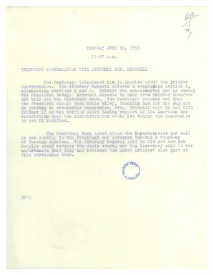 Memorandum of Telephone Conversation between John Foster Dulles and Herbert Brownell Regarding Stay of Execution