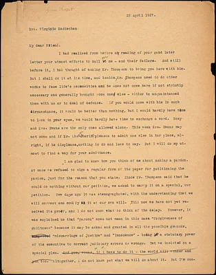 Bartolomeo Vanzetti typed letter (copy) to Virginia A. MacMechan, [Dedham], 27 April 1927