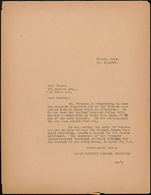 Sacco-Vanzetti Defense Committee typed letter (copy) to Mary C. Trask, Boston, Mass., May 17, 1927