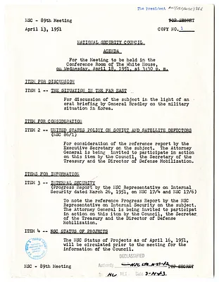 Agenda of the Eighty-Ninth Meeting of the National Security Council