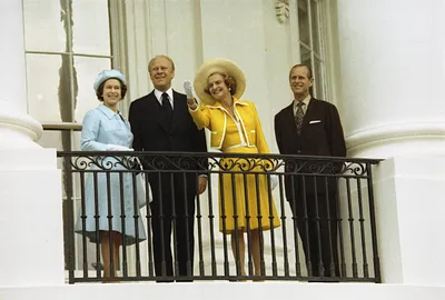 President Gerald R. Ford and First Lady Betty Ford Standing With Queen Elizabeth II and Prince Philip of Great Britain on the Truman Balcony following the State Arrival Ceremony