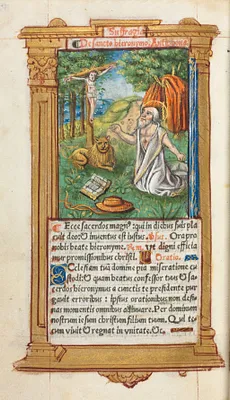 Printed Book of Hours (Use of Rome):  fol. 107v, St. Jerome and the Lion