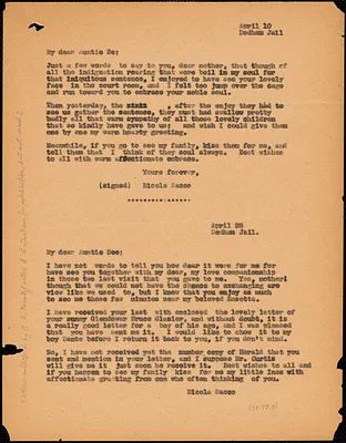Nicola Sacco typed note (copy) to "Auntie Be" [Elizabeth Glendower Evans], Dedham, 10 April 1927 ; Nicola Sacco typed note (photocopy) to "Auntie Be" [Elizabeth Glendower Evans], Dedham, 25 April 1927