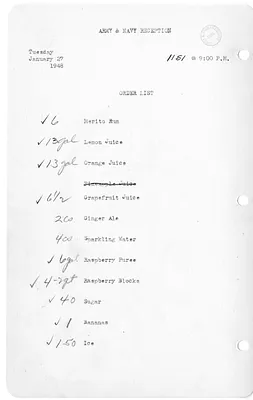 Shopping List for Army and Navy Reception