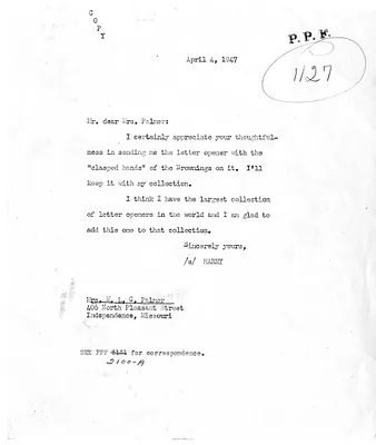 Letter from President Harry S. Truman to Ardelia Palmer