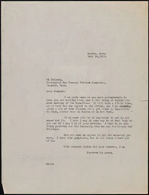 Mary Donovan typed letter (copy) to Ed Delaney (Washington Branch, General Defense Committee), Boston, Mass., October 14, 1927
