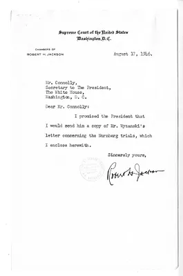 Letter from Justice Robert Jackson to Matthew Connelly, with Attachment