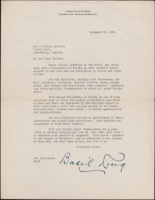 Basil King typed letter signed to [Victoria] Woodhull Martin, Cambridge, Mass., November 30, 1925