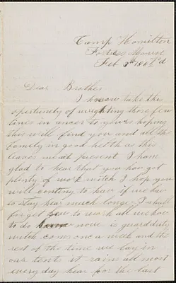 Letter from John Jubb, Camp Hamilton, Fortress Monroe, to Jabez Jubb, West Chelmsford, Mass., February 3, 1862