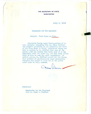 Memorandum from Secretary of State Dean Acheson to President Harry S. Truman, with Attached Memorandum from Clark Clifford
