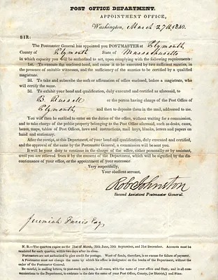 Letter of Appointment as Postmaster to Jeremiah Farris March 27 1840